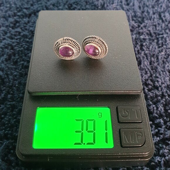 Vintage Natural Amethyst Cabochon 925 Silver Stud Earrings – Handcrafted - Picture 11 of 14